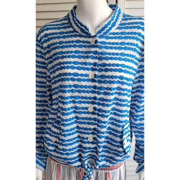Linear Womans Sz. L Blue White Striped Button Top Cover Up Lightweight Jacket - Picture 1 of 13